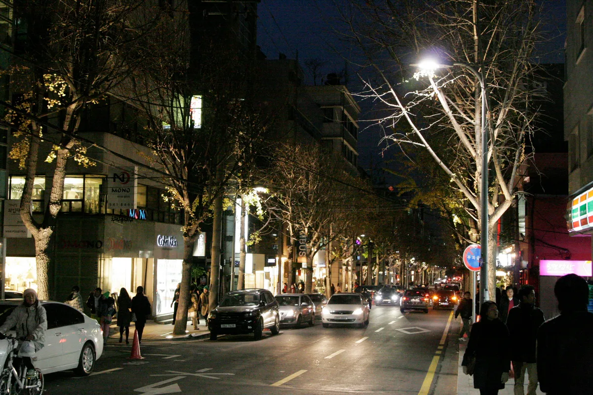 Garosu-gil, a tree-lined shopping street in Gangnam-gu, Seoul, at night with storefronts and pedestrians.