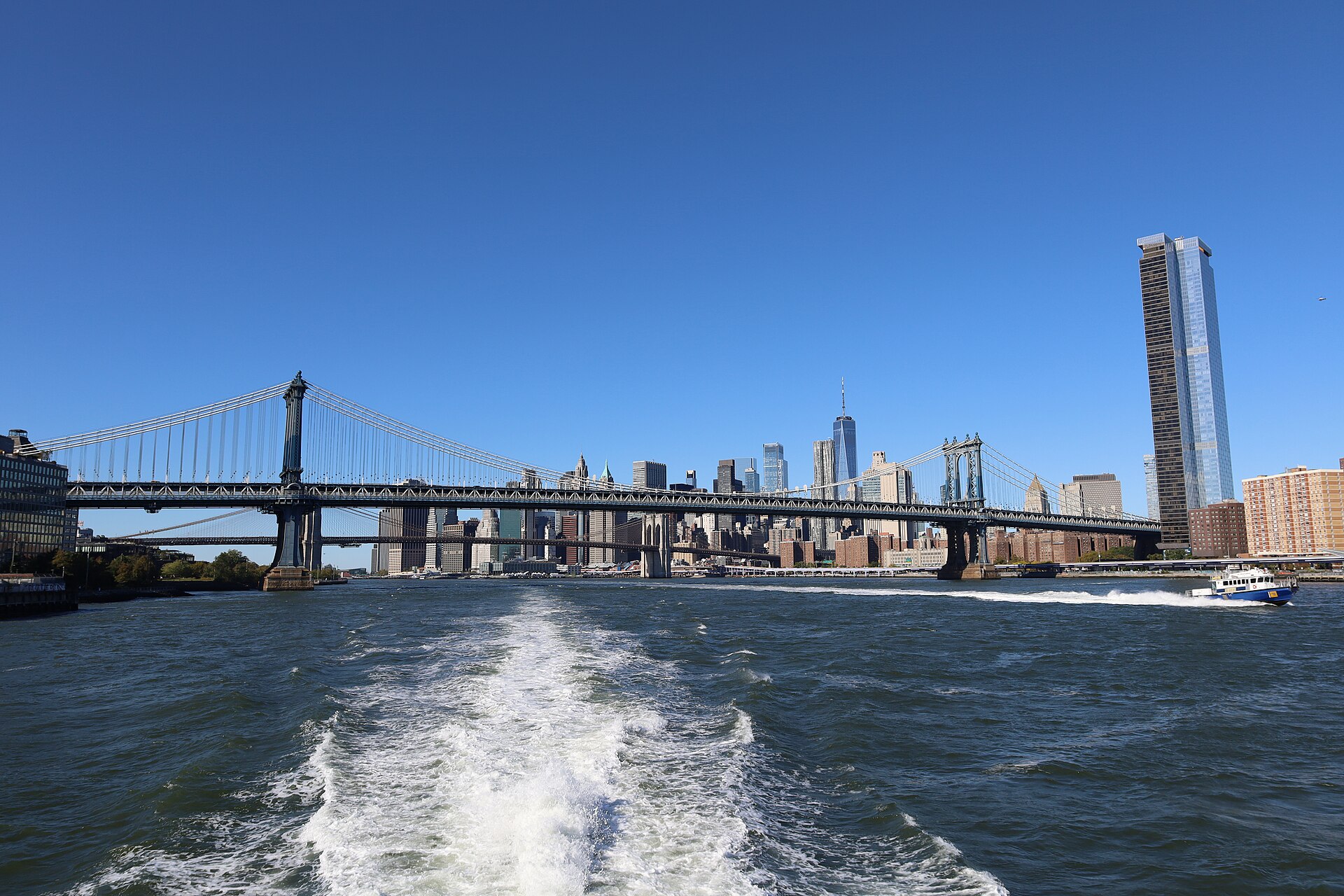 The Manhattan Bridge over the East River between Manhattan and Brooklyn, New York City viewed from an NYC Ferry boat in 2025