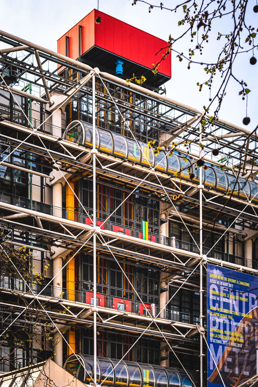Exterior view of the iconic Centre Pompidou showcasing its modern architectural design in Paris, France.