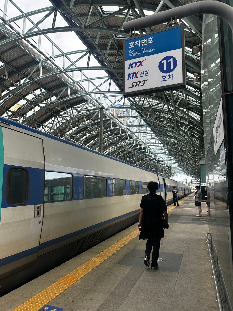 KTX bullet train at a busy South Korean station, capturing travel and architecture.