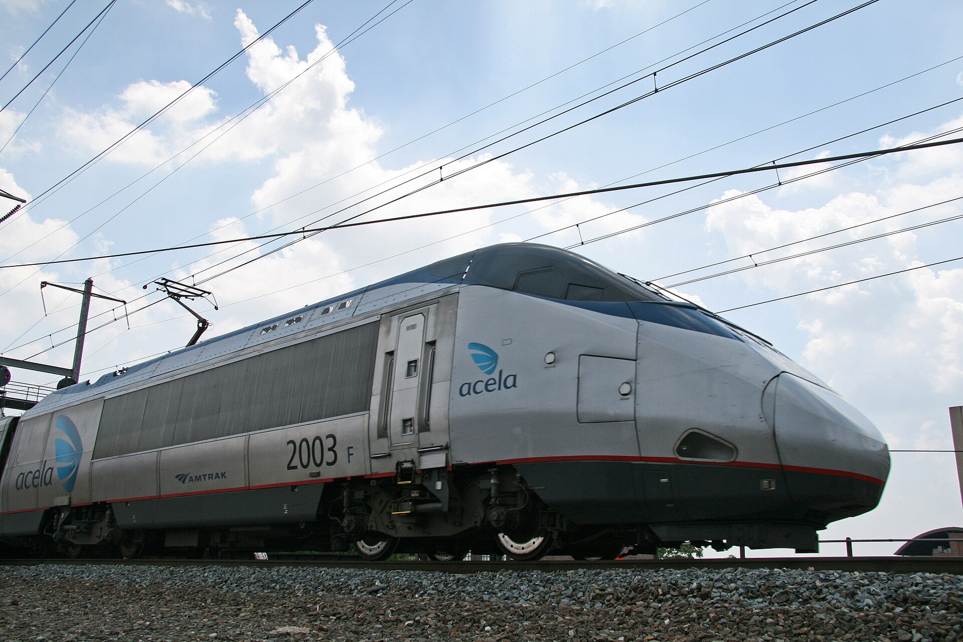 An Amtrak Acela train departs Wilmington, DE.