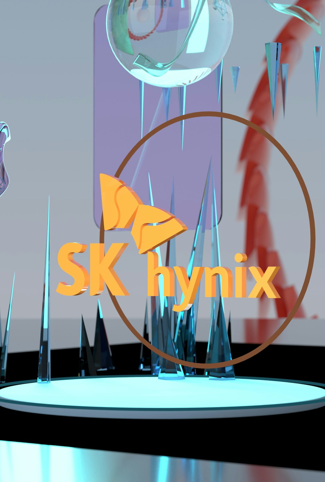 Sk hynix logo with abstract ice spikes and glowing platform.