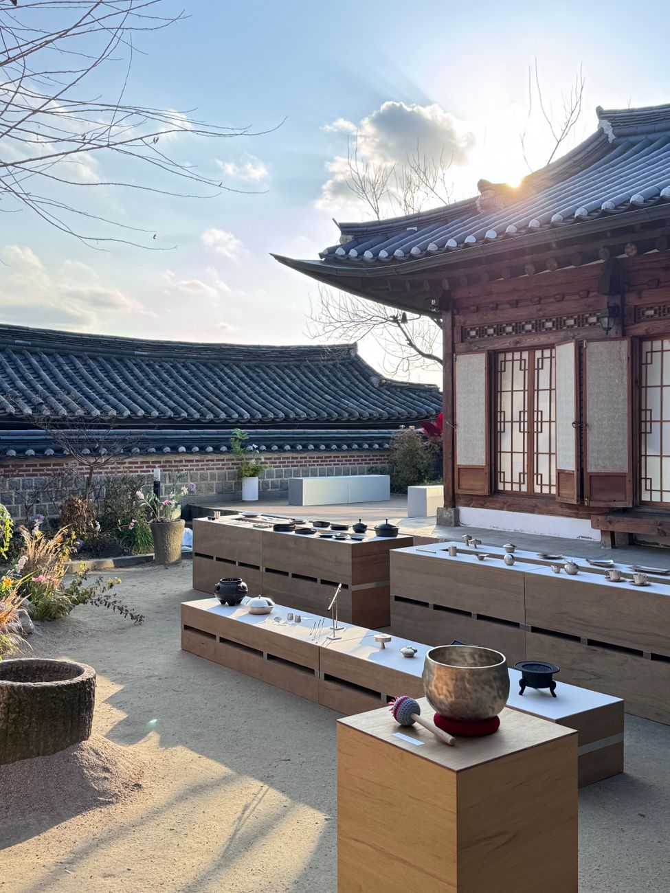 Scenic view of traditional Korean tea ceremony setup with stunning architecture