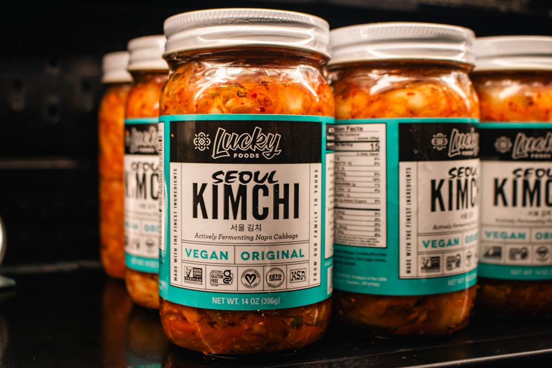 This image showcases Lucky Foods' Seoul Kimchi, a vegan-friendly, fermented Napa cabbage product.