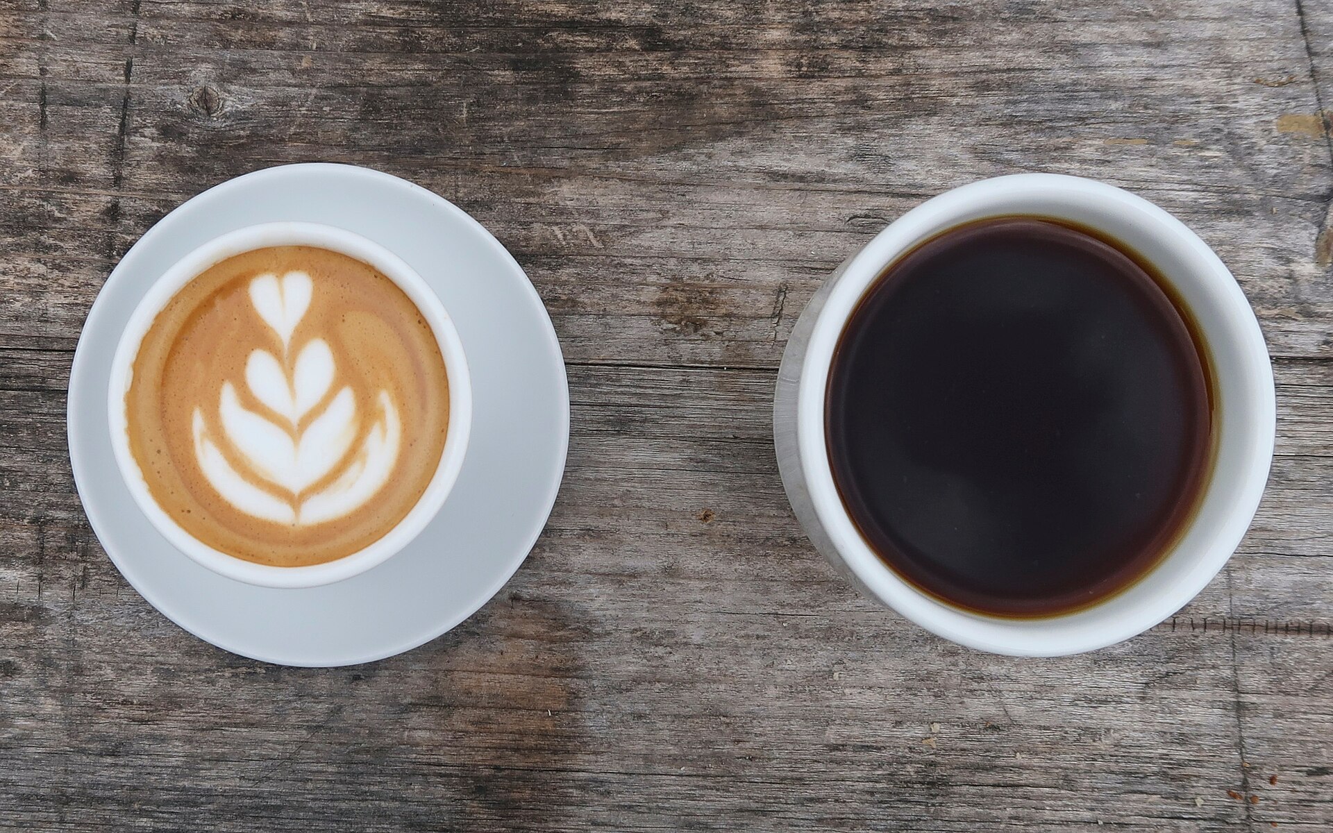 Espresso latte and dark filtered coffee at Wood St Coffee, Walthamstow.