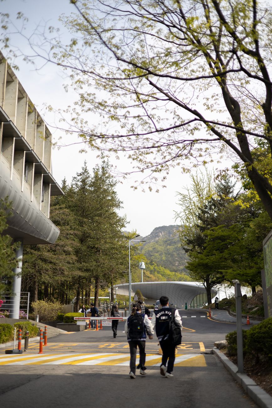 Students walking on the scenic campus of Seoul National University during springtime.