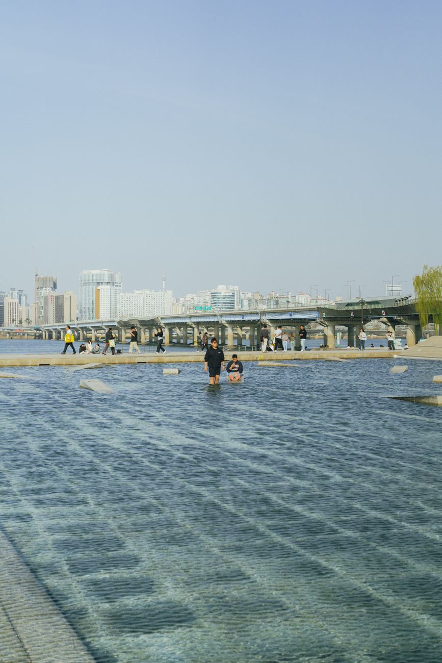 People enjoy a sunny day by the Han River with a view of Seoul's skyline and bridges.