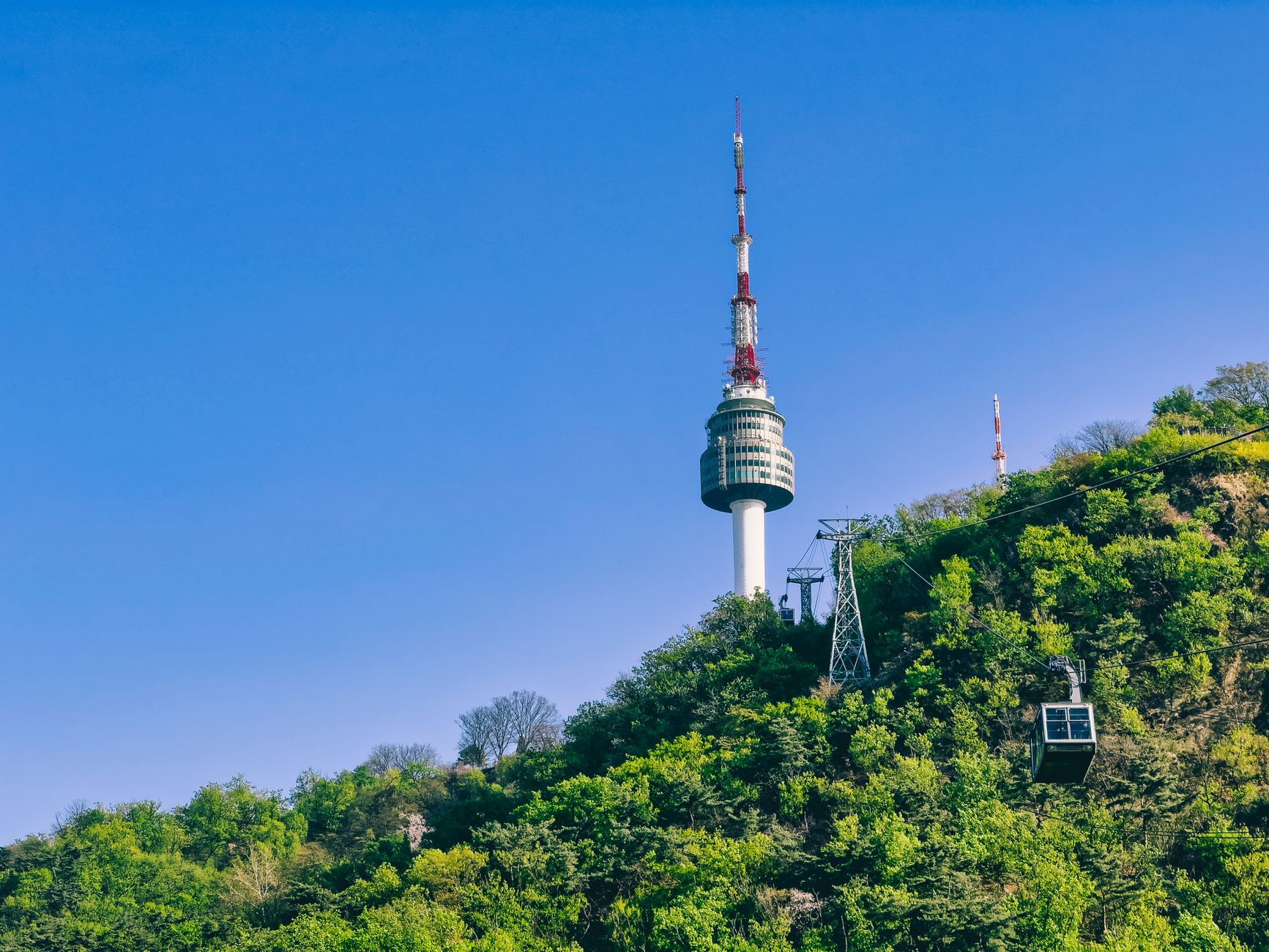 View of Namsan Tower with a moving cable car in Seoul, surrounded by lush greenery under a clear blue sky.