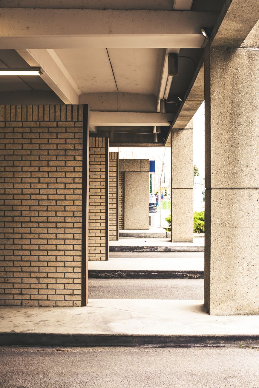 A view of brick and concrete columns in an urban setting in Boise, Idaho.