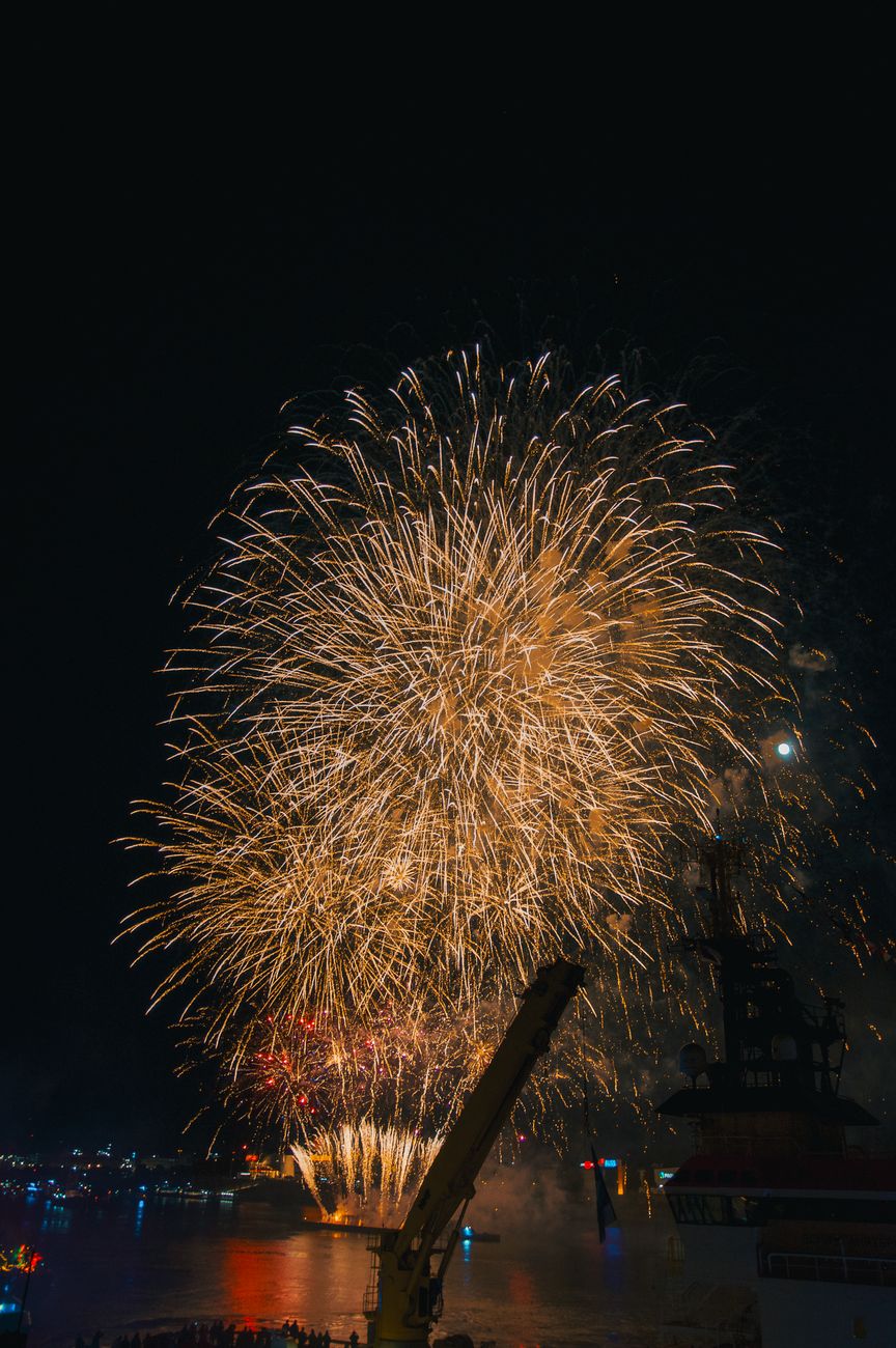 Fireworks bursting over water at night, with city lights along the shore.
