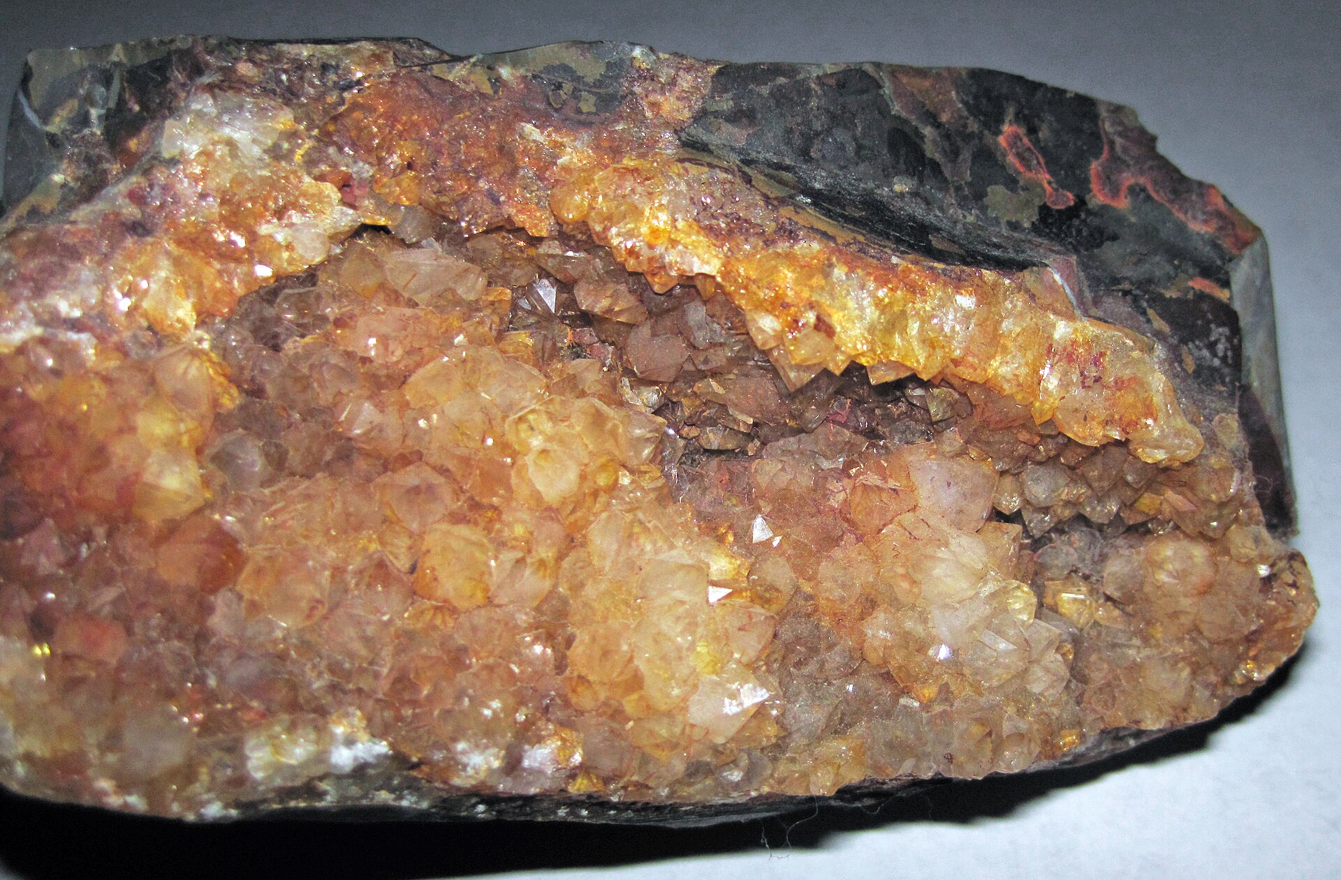 Quartz crystal-lined vug in chert ("flint") from the Pennsylvanian of Ohio, USA.
